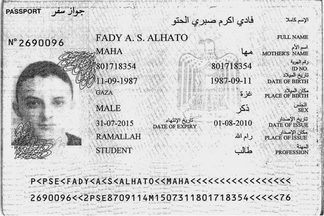 Passport of the robber Mr. Fady A. S. Alhato